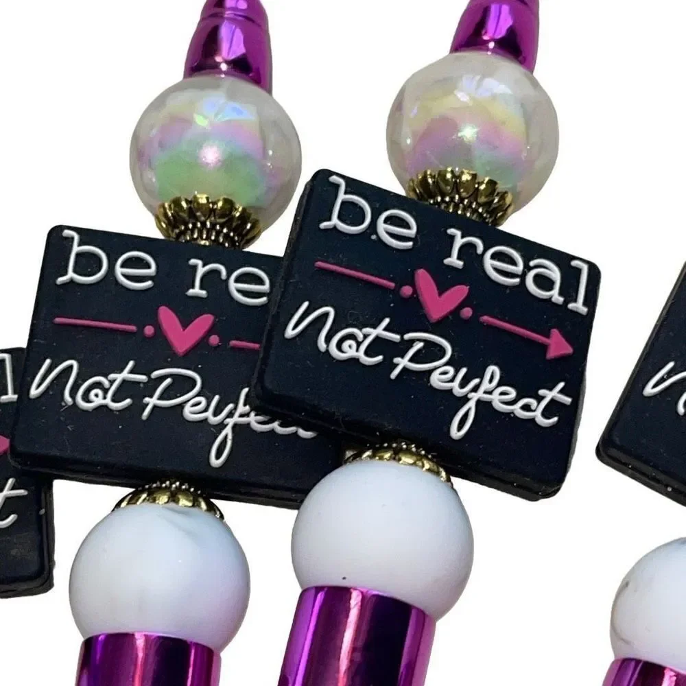 Be real, not perfect beaded pen handmade black pink white metallic bling NEW